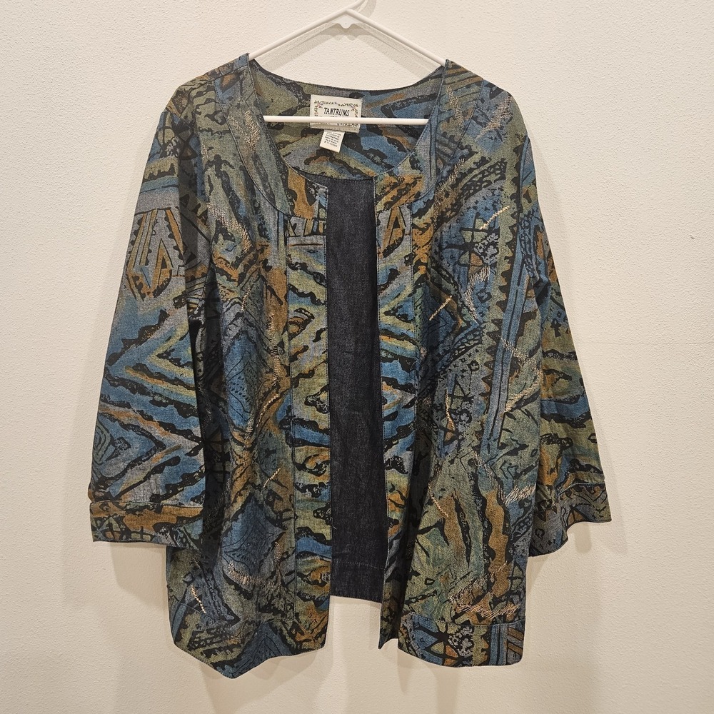 Tantrums Collection Woman Geometric Boho Embroidered Kimono Jacket Size 1X